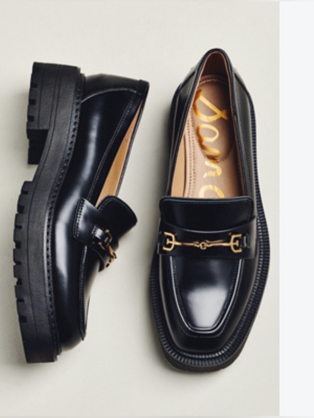 Sam Edelman Black Leather Platform Loafers Chunky Lug Sole, gold detailing. 10